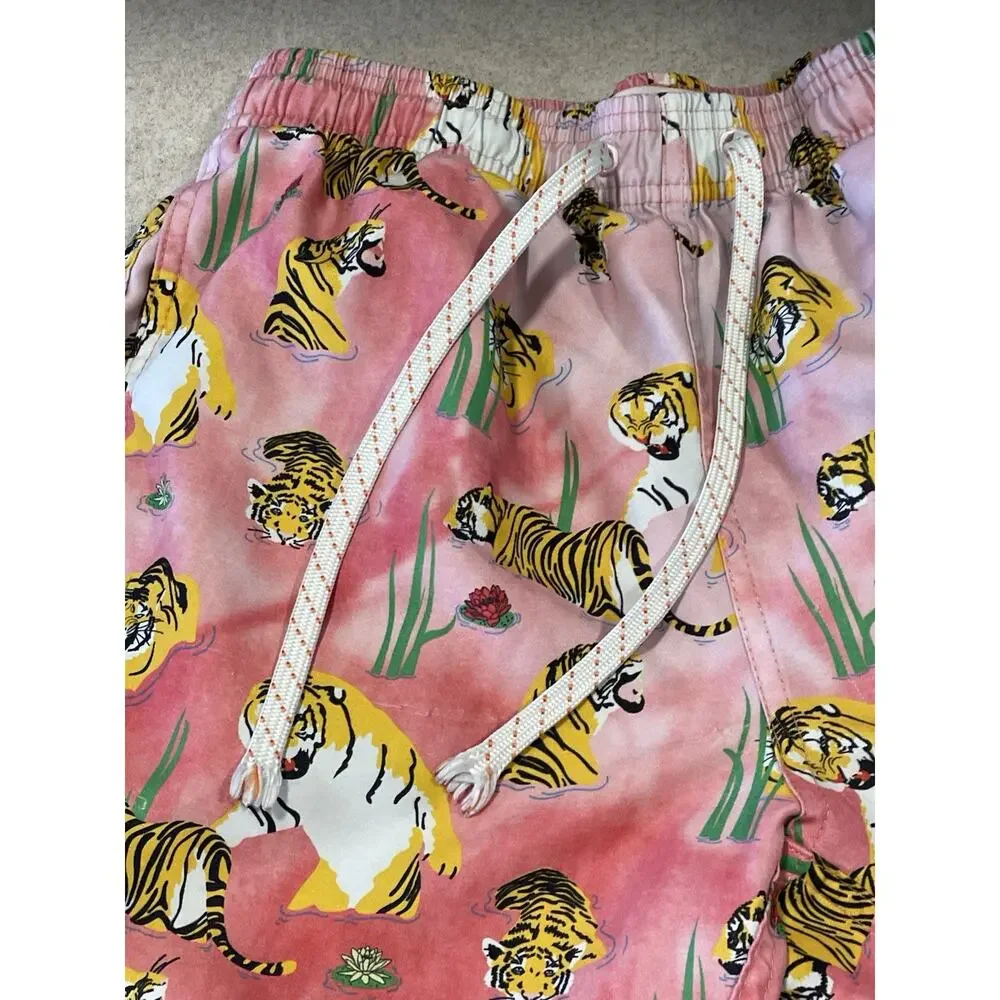 Ambsn Tiger Print Board Shorts Swim Trunks Size Small Drawstring Pink/Yellow